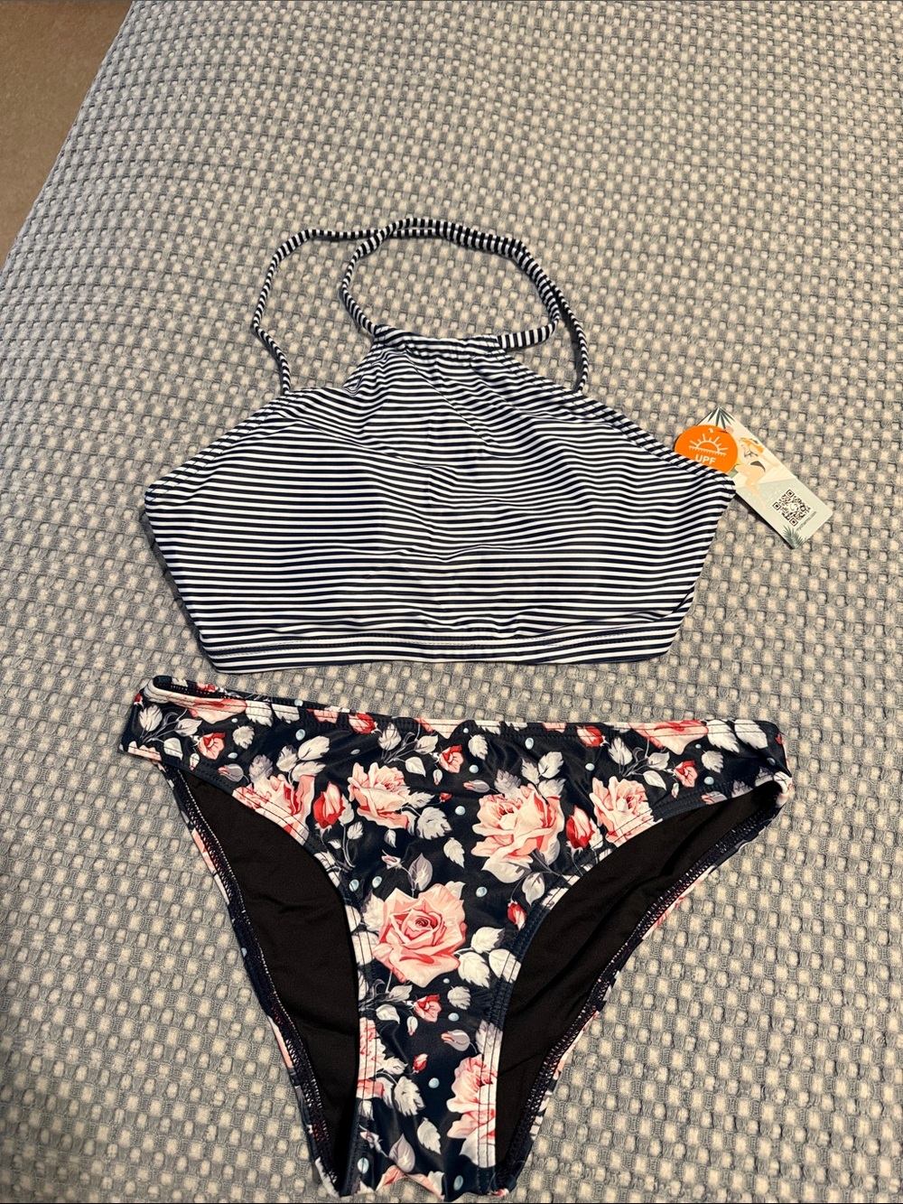 Striped Navy High-Neck Bikini Top with Floral Navy Bikini Bottoms